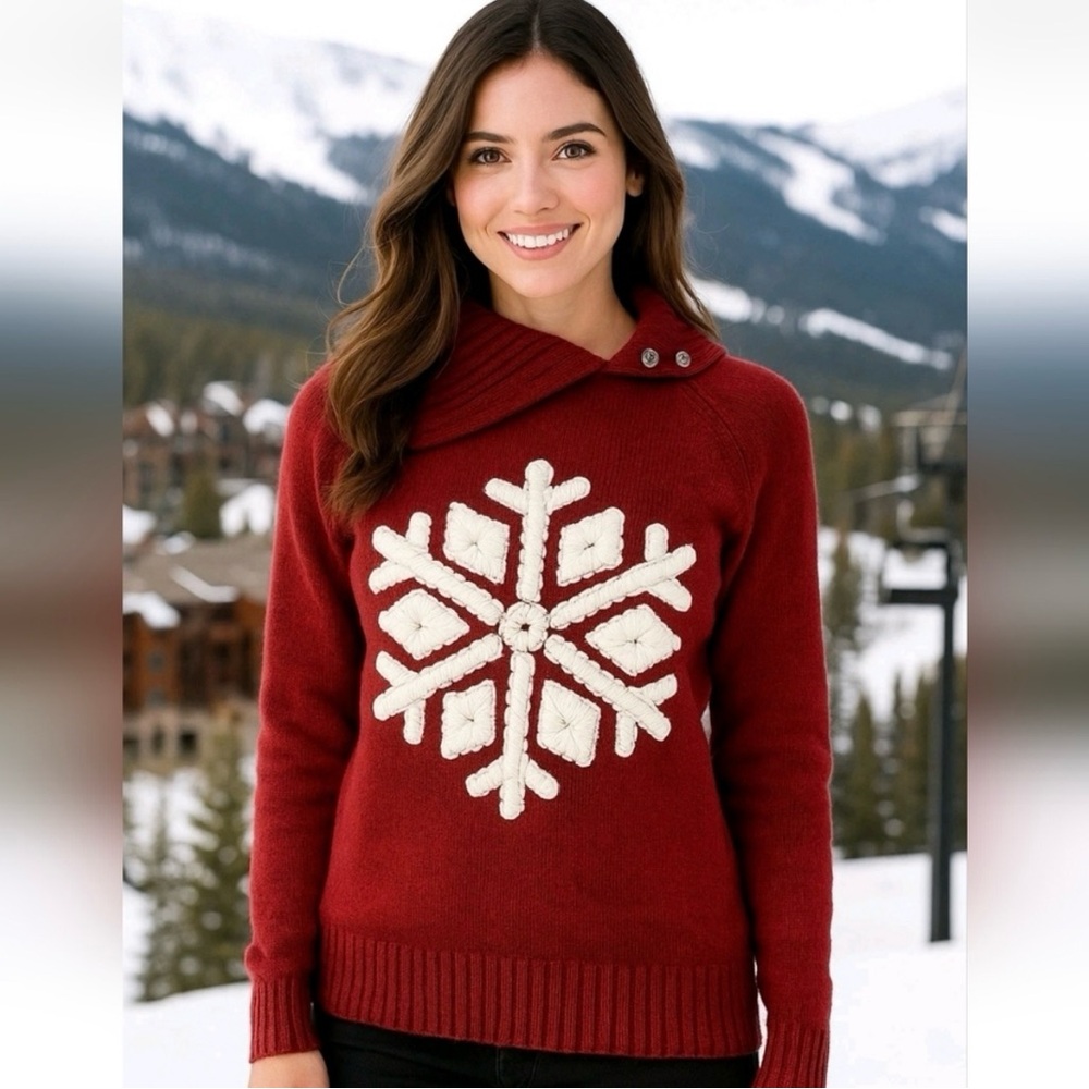 Sundance Catalog Snowflake Sweater XS Split Cowl Neck Red Lambswool Ski Holiday